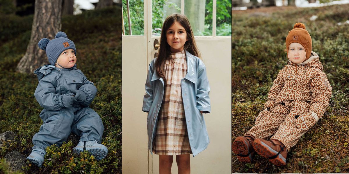 Three pictures, one with a kid in the forest wearing blue shellwear. The second picture is of a kid with long brown hair wearing a dress and a blue raincoat. The last picture is of a kid sitting in the forest wearing leopard printed shellwear.