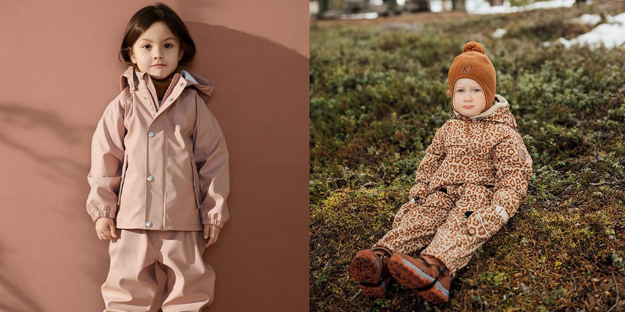 Two pictures, one with a kid with long brown hair standing i pink rainwear. The other picture is of a kid sitting on the moss in the forest. The kid is wearing beige shellwear with leopard prints. 