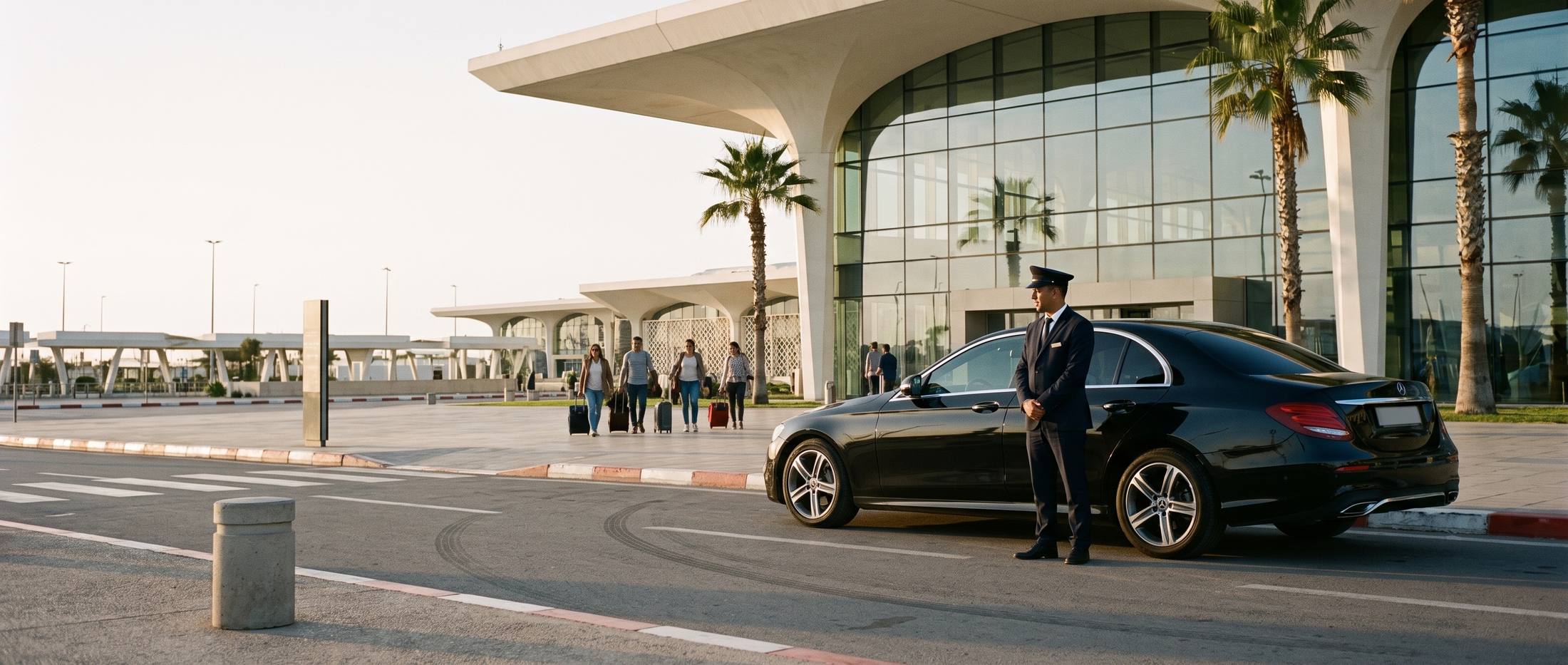 A chauffeur and a black Mercedes waiting outside the terminal at Agadir Al Massira