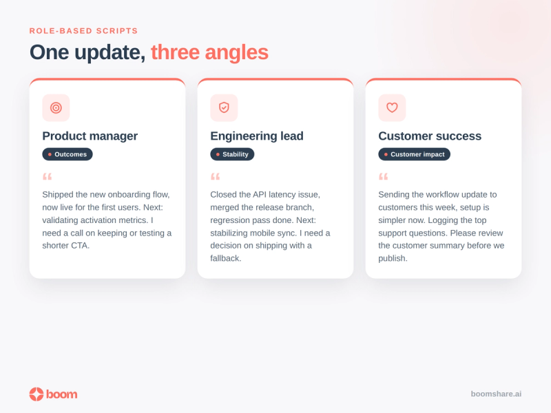 Update scripts for PM, engineering, and customer success roles.