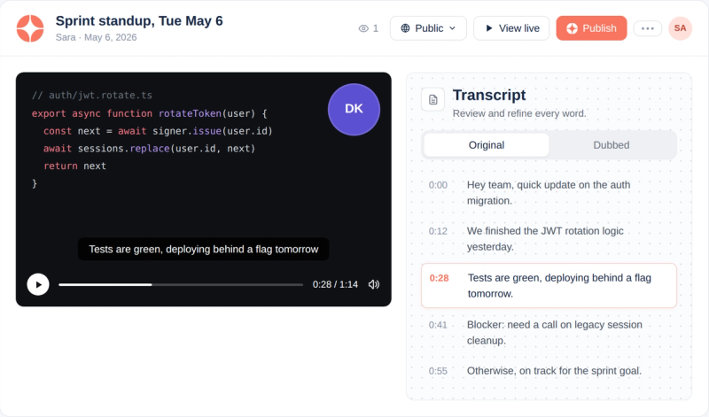 Boom recording with auto-generated transcript panel