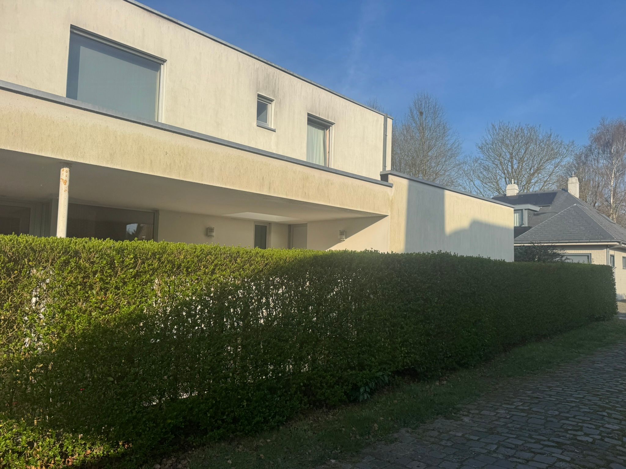Witte crepi-gevel in Sint-Denijs-Westrem met vervuiling en algengroei onder de dakrand