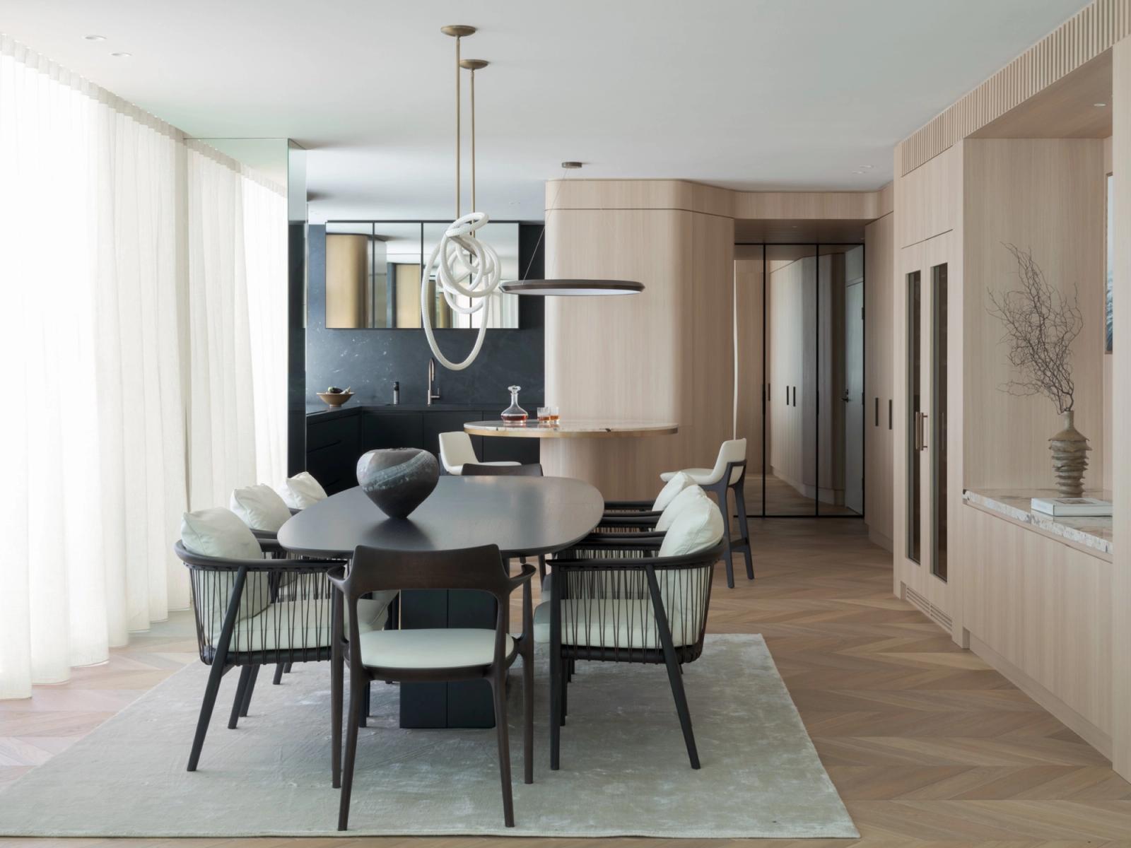 The dining setting under the ring pendant