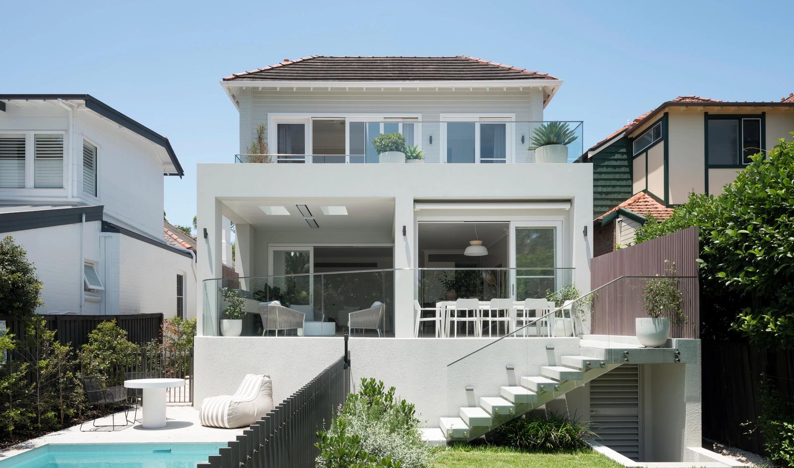 The rear elevation of Raglan St House, new extension and pool below