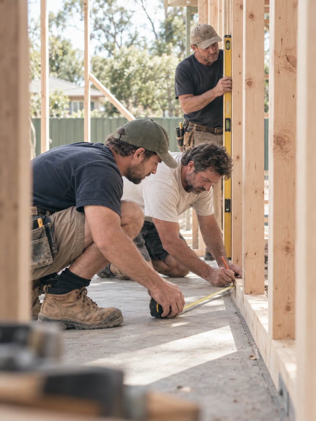 Carpenters checking a level across new timber framing