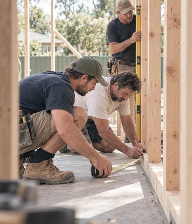 Carpenters checking a level across new timber framing