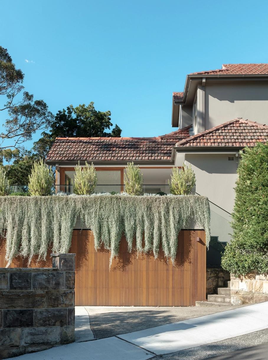 The street elevation: cedar-battened garage door under draping greenery