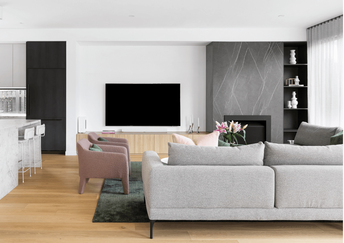 Tonal, modern living room with stone feature fireplace