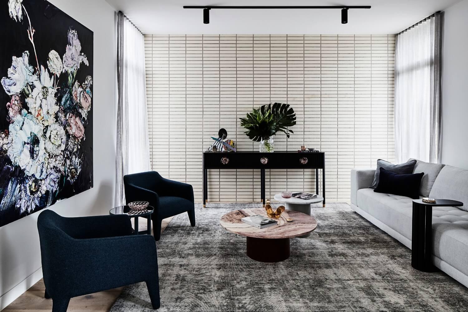 Front Living Room With Tiled Contemporary Feature Wall