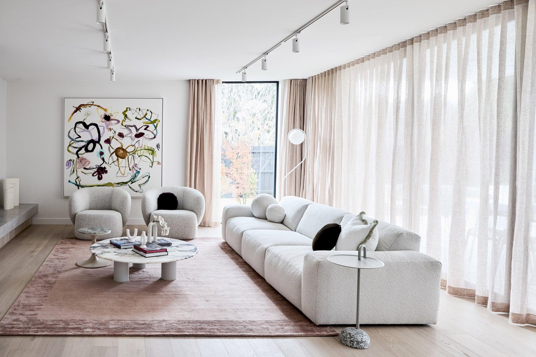 Thomas Archer Architecturally Designed Elba Display in Bentleigh East Living Space with Sheer Curtains 