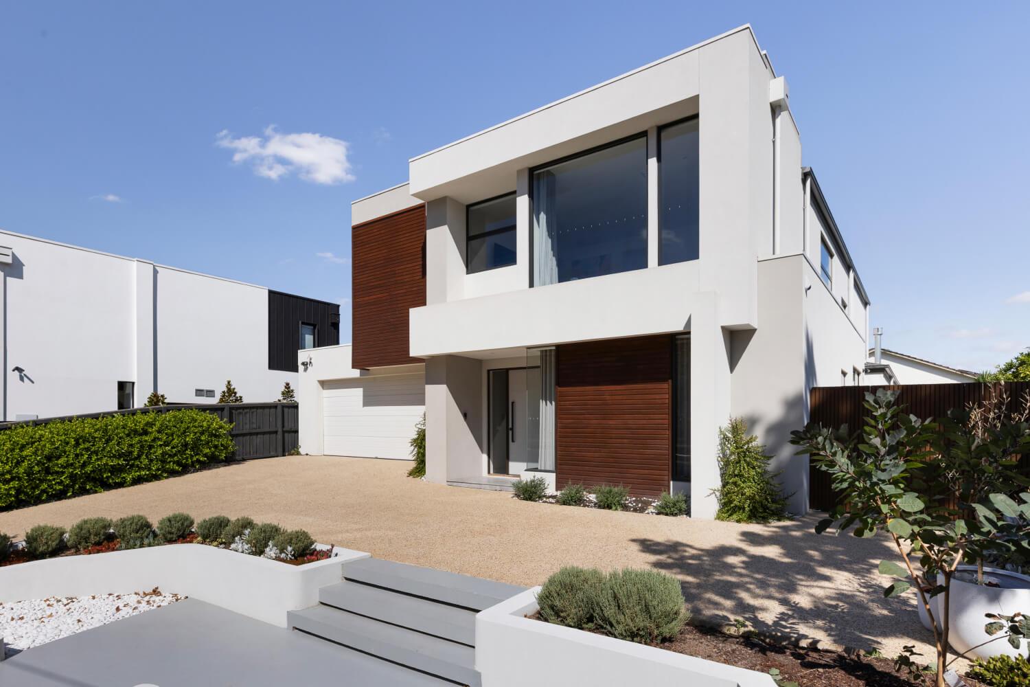 Modern architectural facade with landscape garden