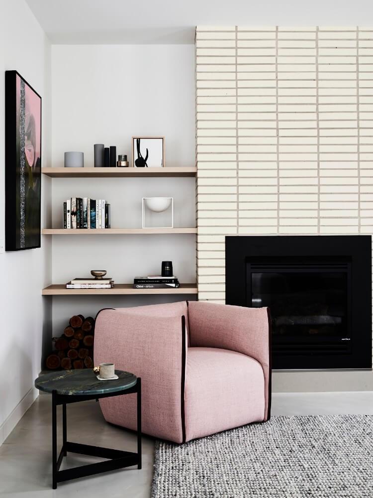 Modern Fireplace With Tiling Feature Wall And Soft Colour Palette