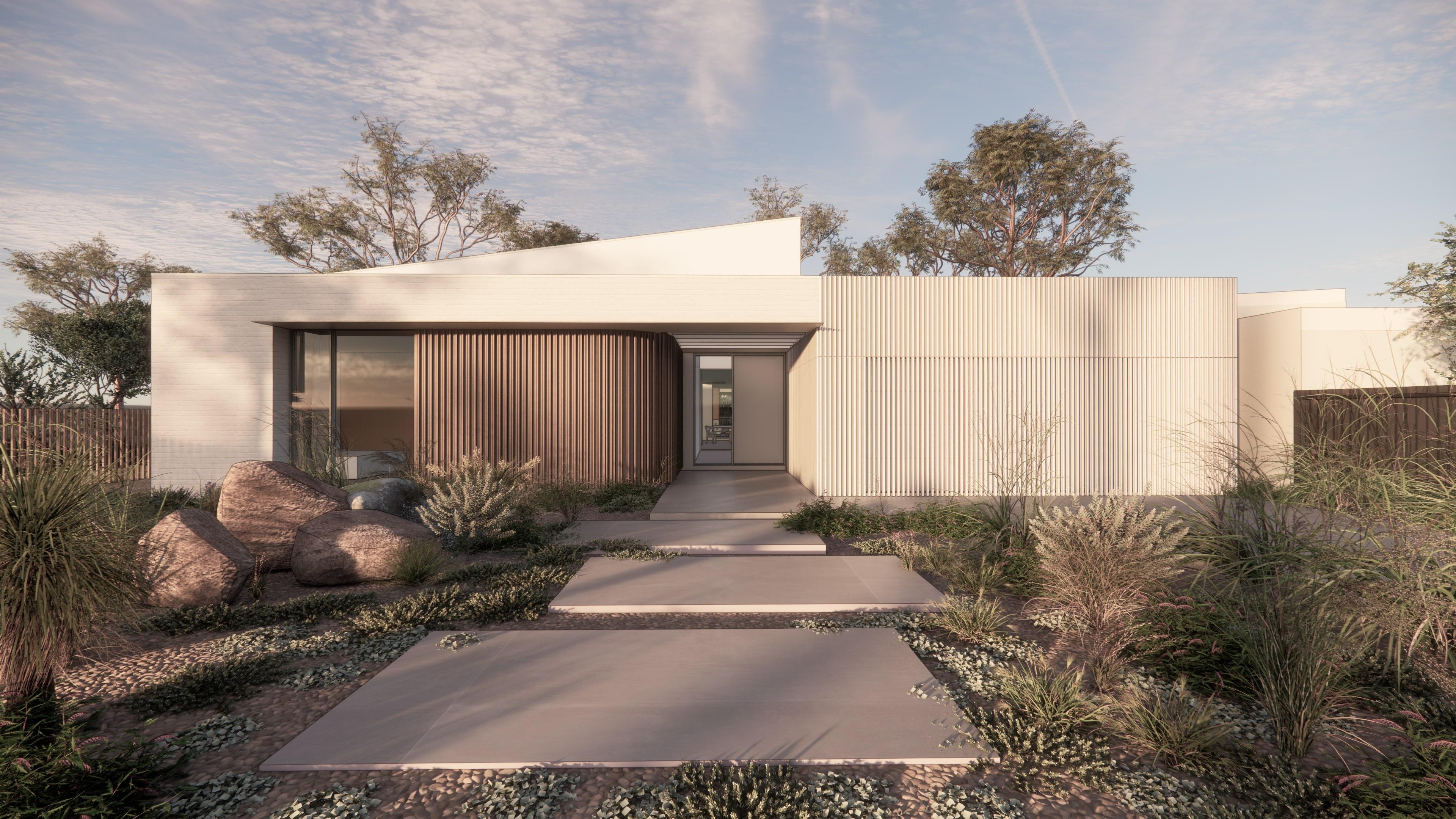 A modern, minimalist house architecturally dsesigned by Thomas Archer with clean lines and a flat roof set against a blue sky. 