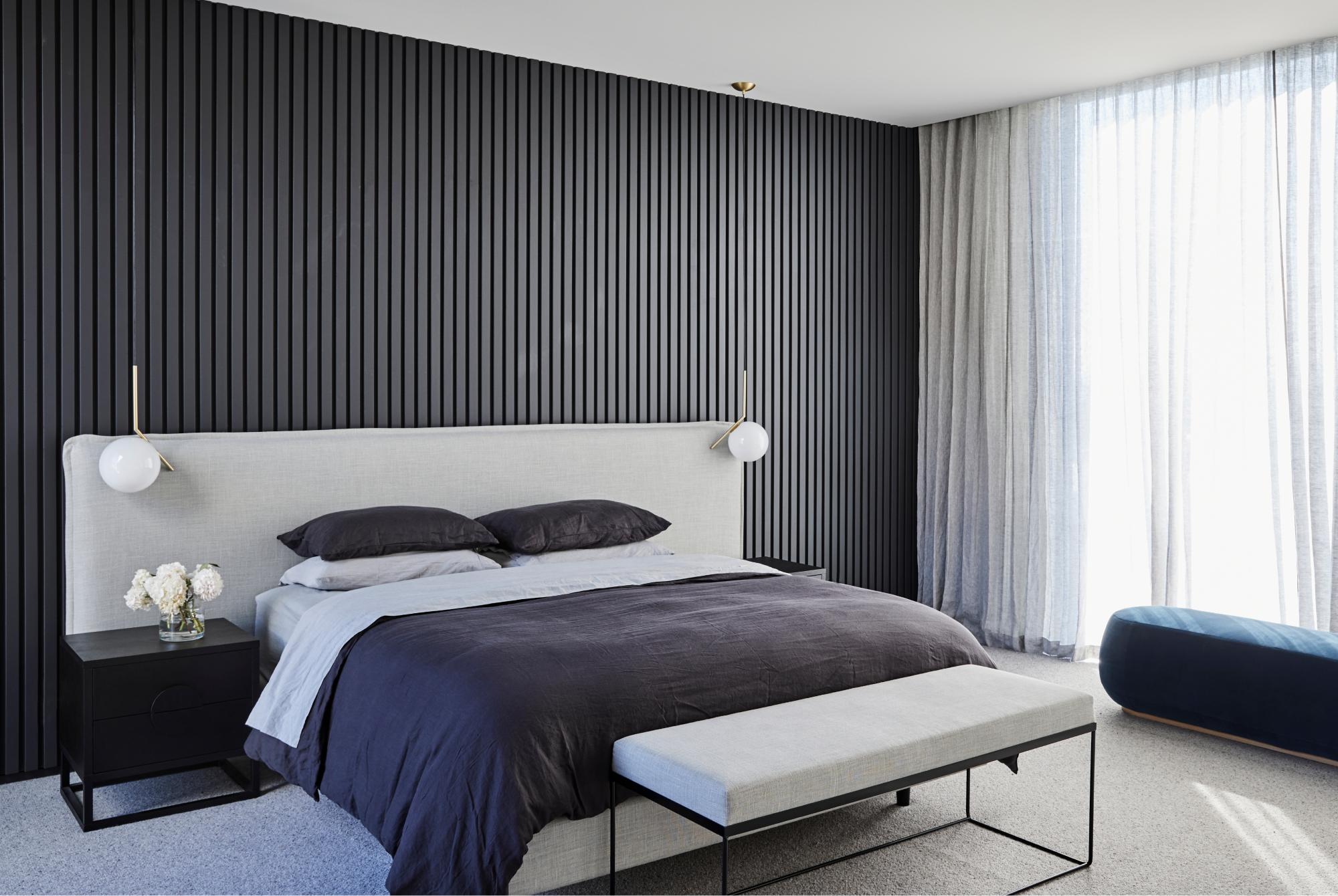 Black Feature Wall Cladding With Contrasting Light Grey Bedhead