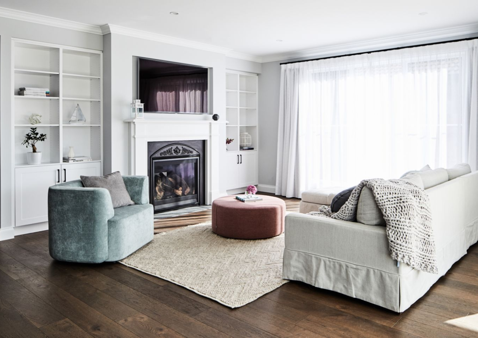 Hampton Style Fireplace And Shelving In Living Room