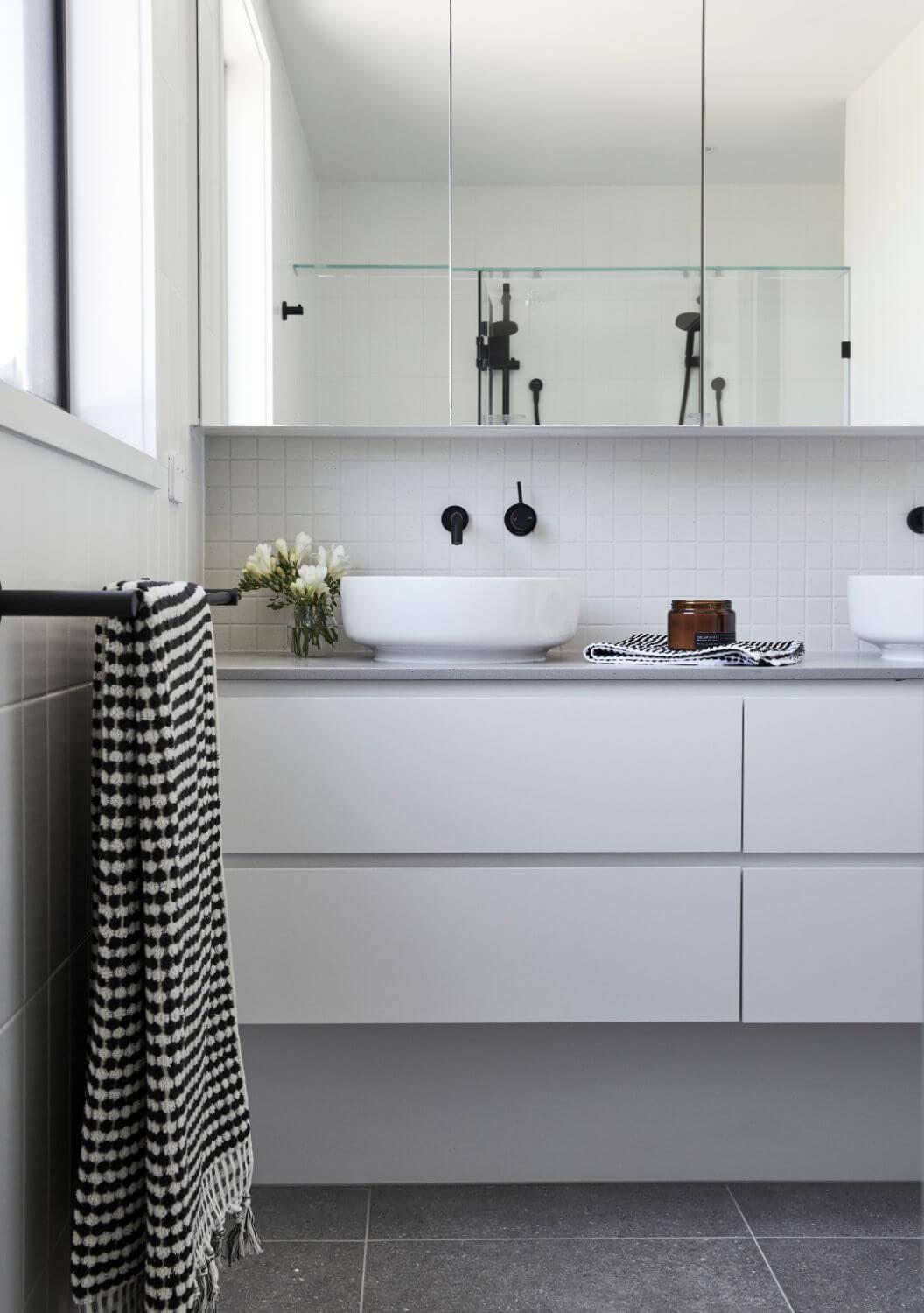 Ensuite With White Vanity And Black Fittings