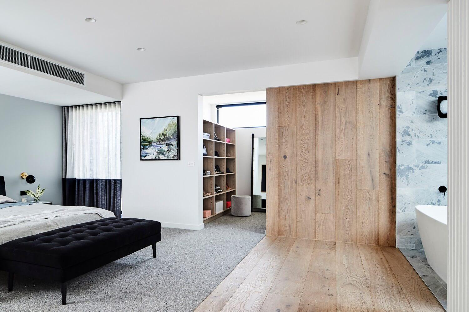 Walk In Robe With Timber Wall Feature