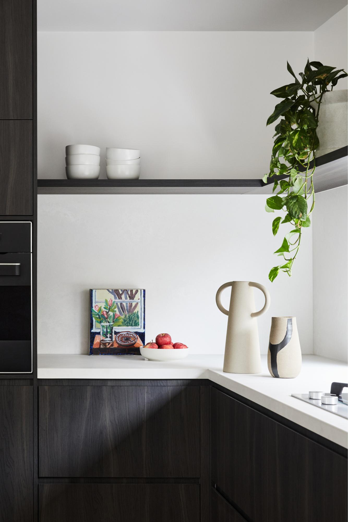 Contrasting White Open Shelving In Kitchen