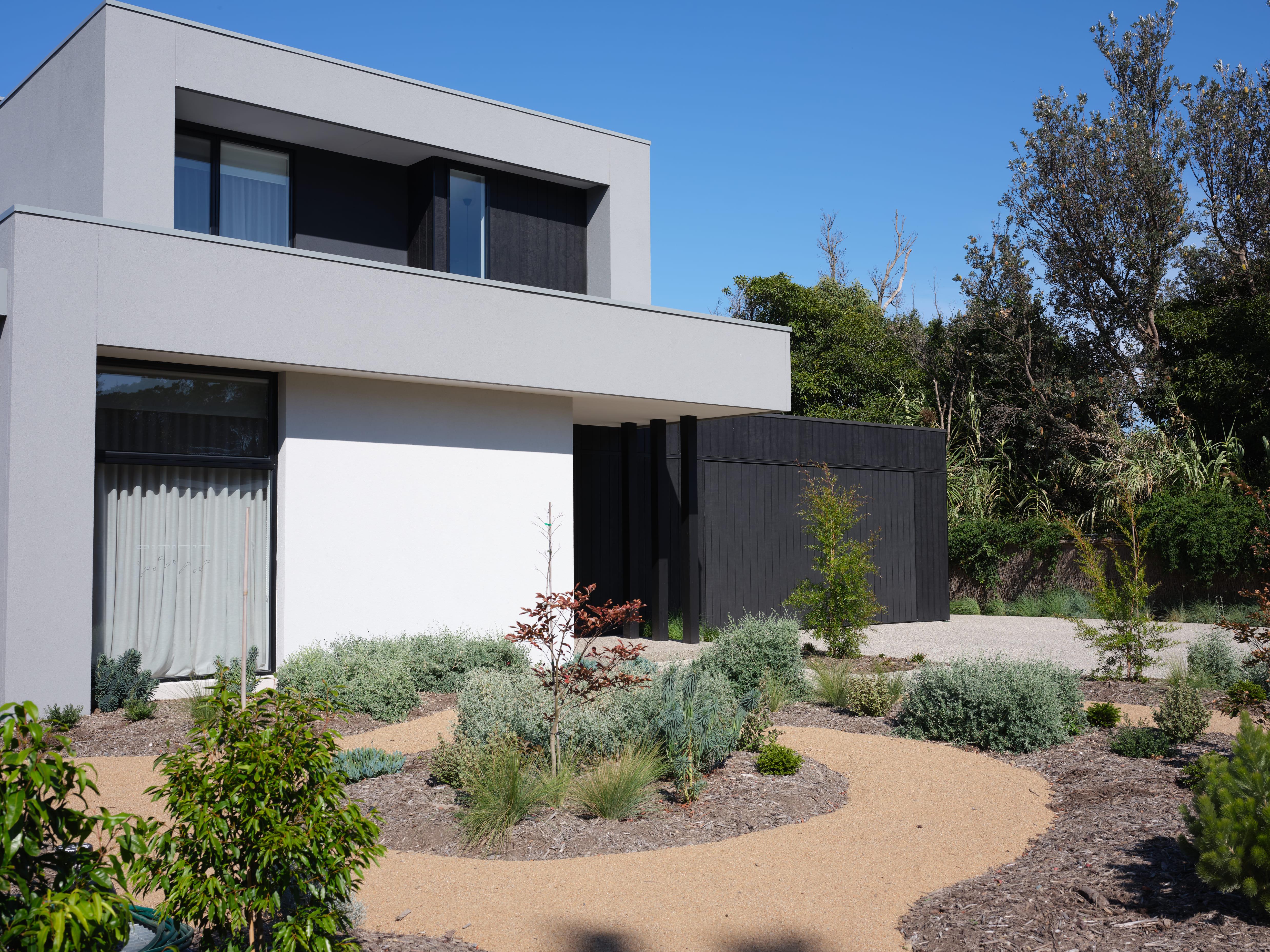 Front facade and landscaped garden of modern home on Mornington Peninsula