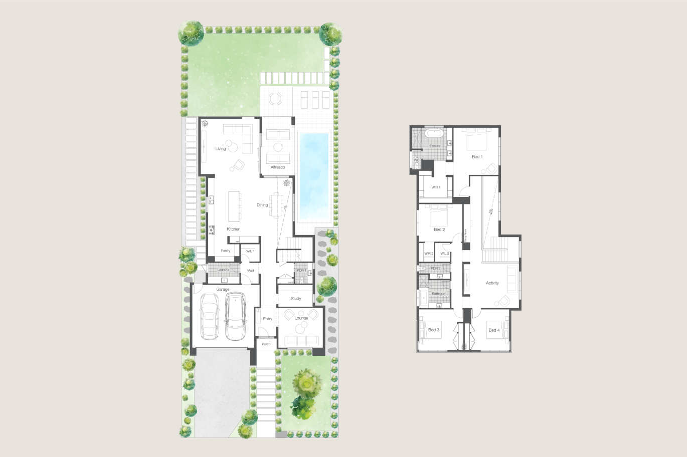 A house floor plan featuring a pool, showcasing the layout and dimensions of the rooms and the pool area.