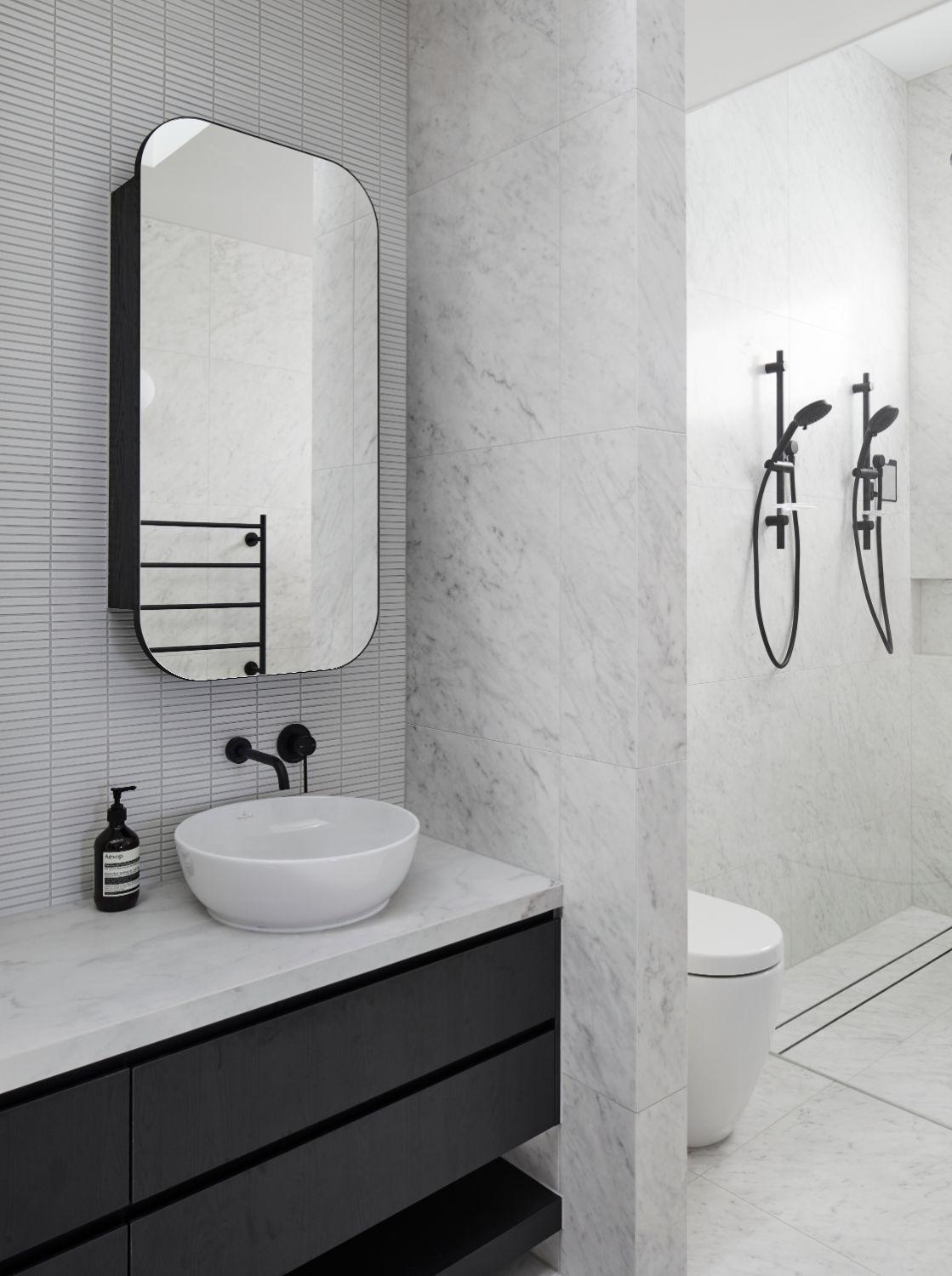 Mosaic Tile Feature Wall Behind Vanity Adds Texture