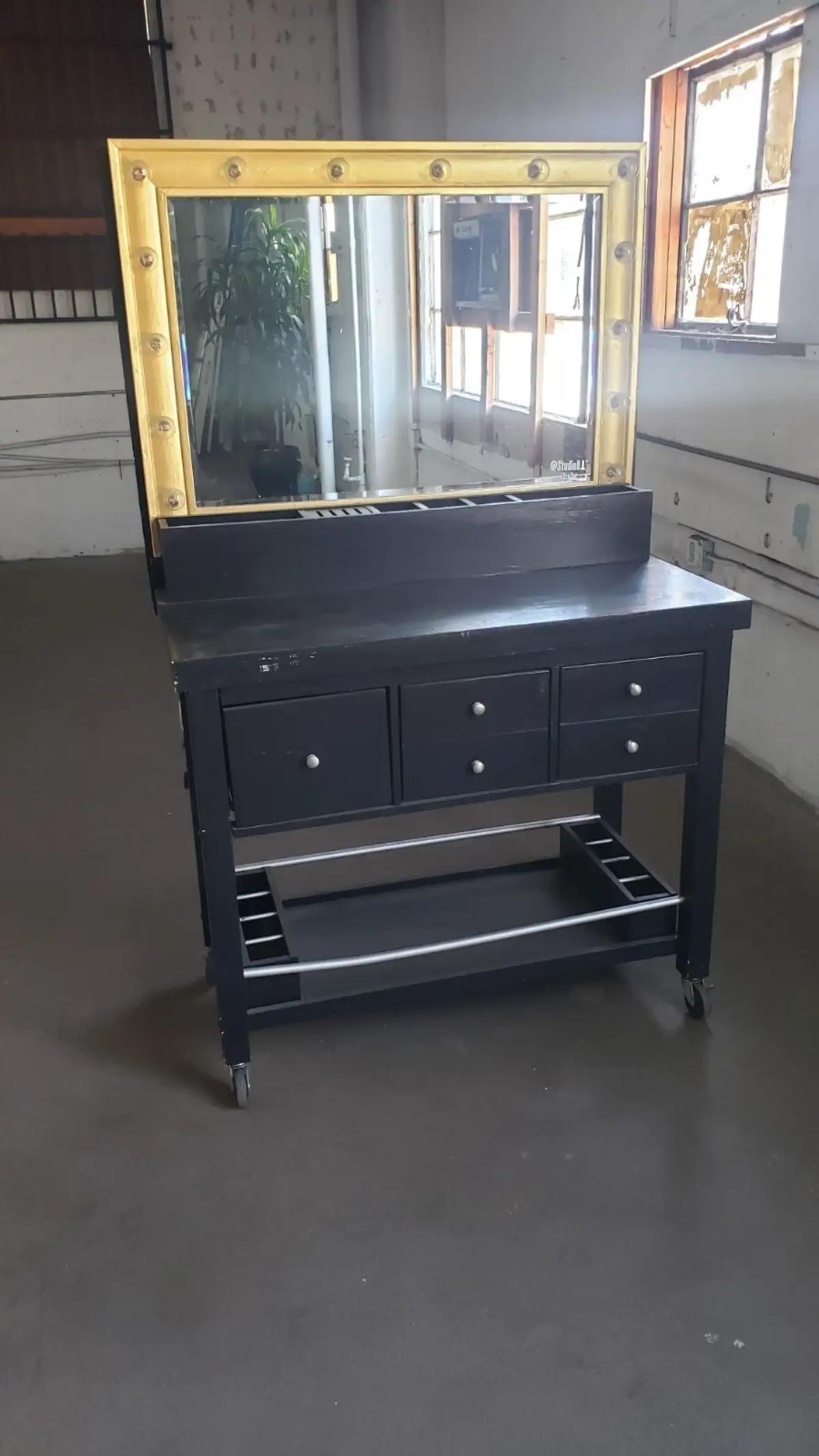 Large Heavy Duty Solid Wood Vanity Mirror With Lights Black Gold on Wheels