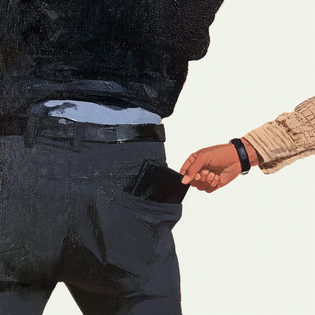 A close-up illustration of a hand lifting a wallet from someone's back pocket