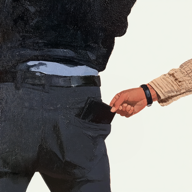 A close-up illustration of a hand lifting a wallet from someone's back pocket
