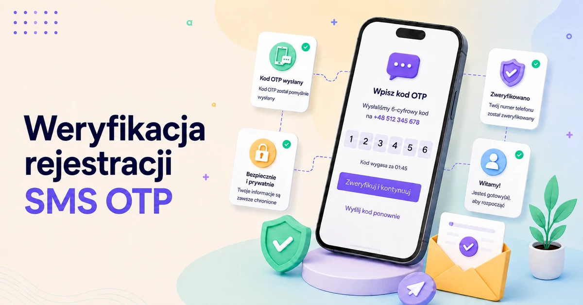 Interfejs weryfikacji rejestracji SMS OTP przedstawiający wprowadzanie jednorazowego hasła za pomocą telefonu komórkowego, z bezpiecznym uwierzytelnianiem, zweryfikowanym numerem telefonu i ikonami potwierdzającymi pomyślne uwierzytelnienie.