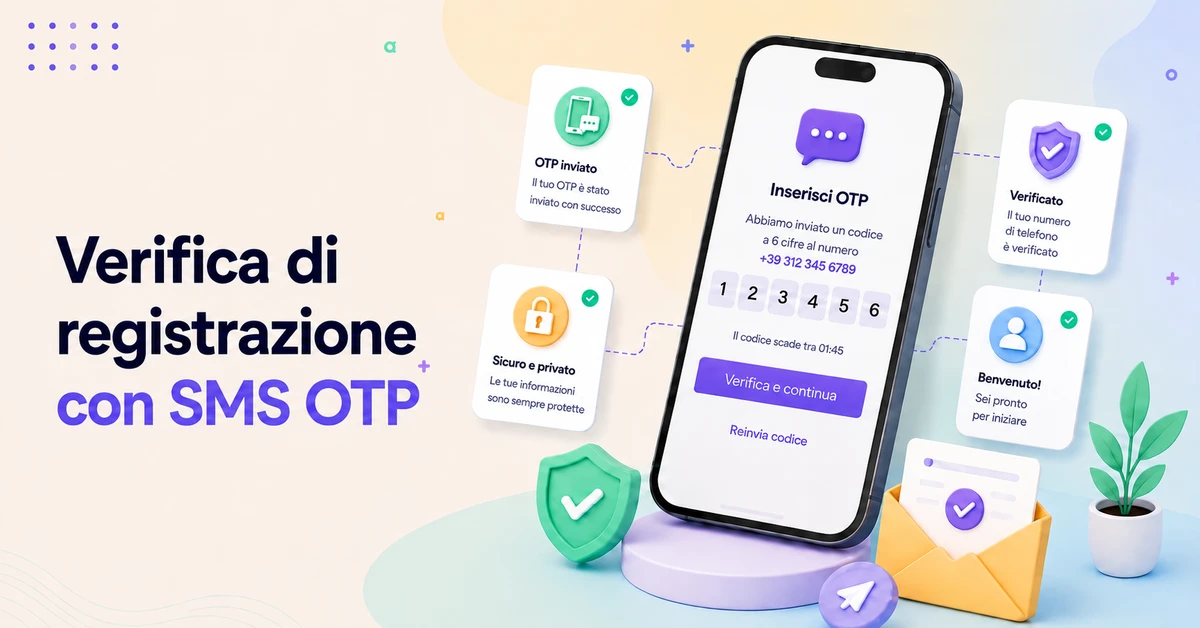 Interfaccia di verifica della registrazione tramite SMS OTP che mostra un telefono cellulare mentre inserisce una password monouso, con autenticazione sicura, numero di telefono verificato e icone di conferma dell'avvenuta ricezione.