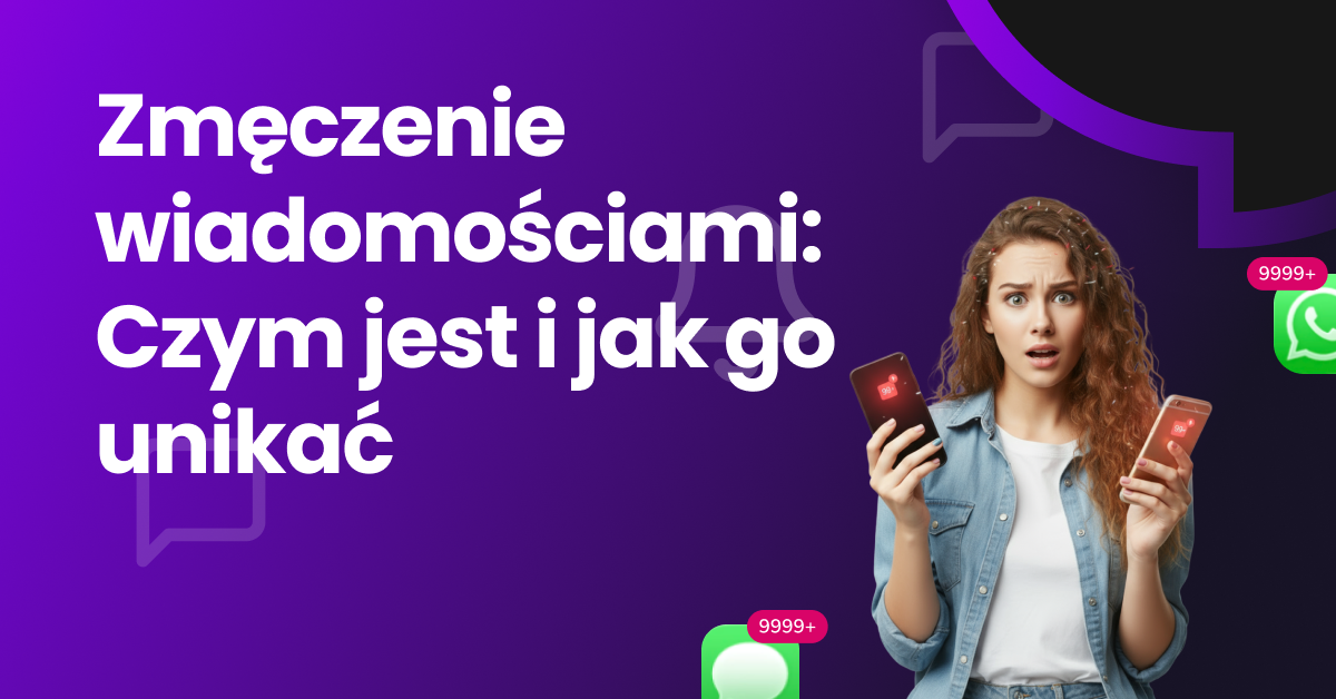 Zestresowana kobieta przytłoczona powiadomieniami o wiadomościach na swoim telefonie, wykazująca objawy przeciążenia cyfrowego i zmęczenia wiadomościami.