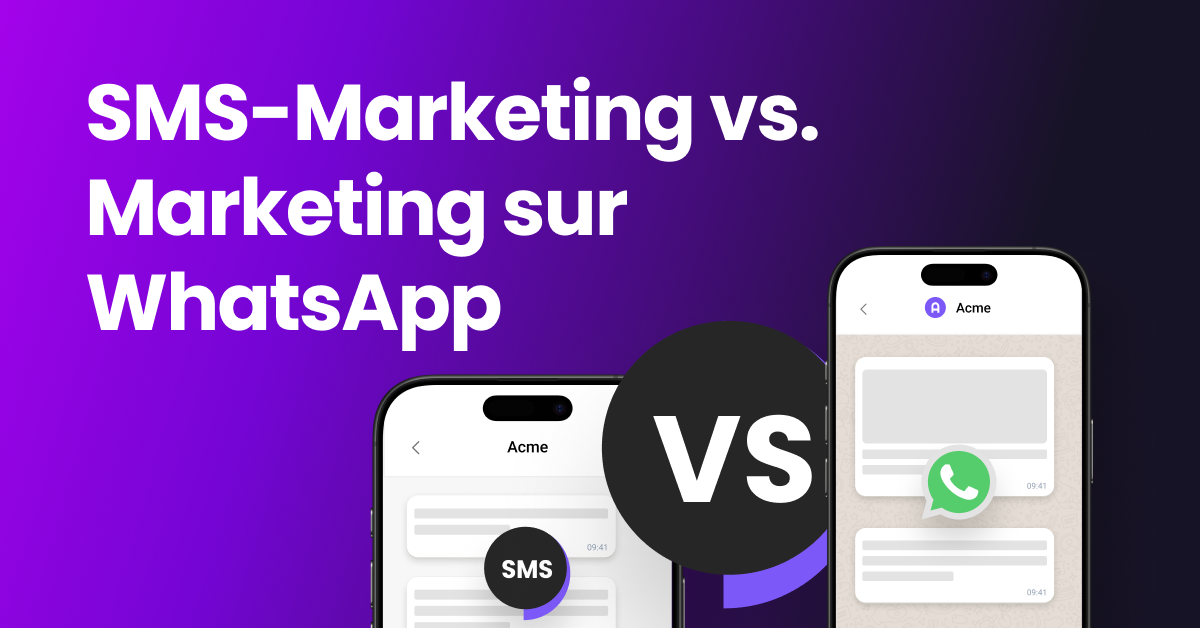 Un visuel comparatif avec une icône SMS à gauche et l'icône WhatsApp à droite, et le titre « Marketing par SMS vs Marketing WhatsApp » affiché en haut.