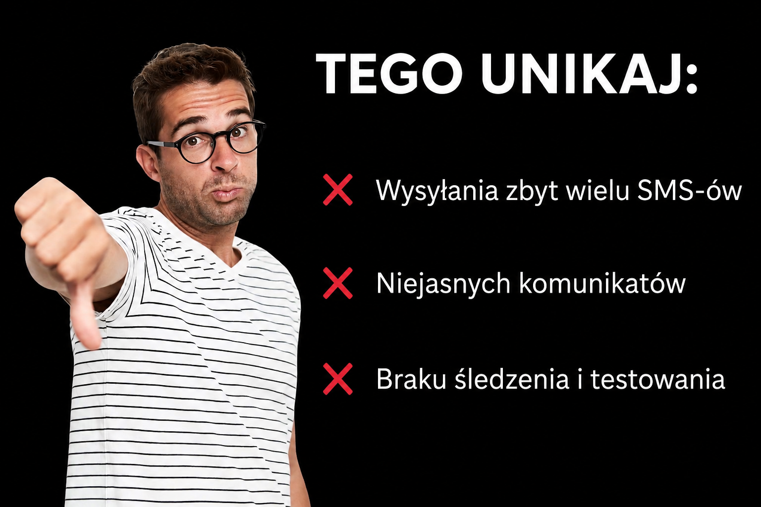 Mężczyzna pokazujący kciuk w dół obok listy błędów w promocjach SMS, takich jak nadmierne wysyłanie, niejasne wiadomości i słabe śledzenie w kampaniach promocji sprzedaży SMS i SMS-ów sprzedażowych.