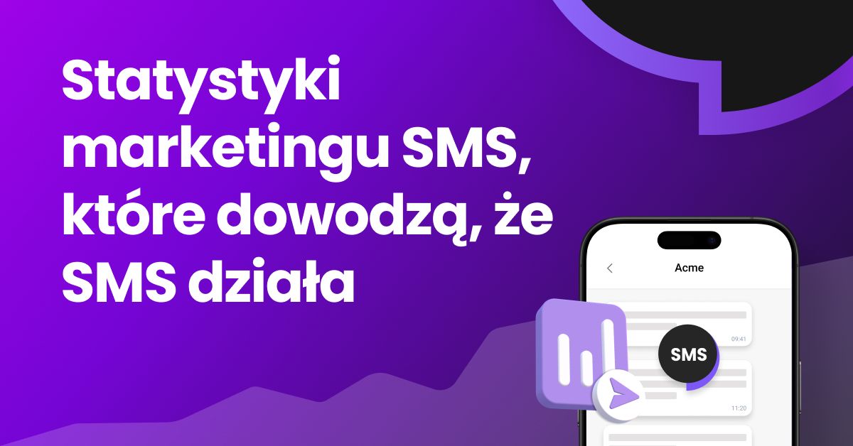 Statystyki marketingu SMS-owego, które dowodzą, że SMS-y działają – fioletowy baner gradientowy ze smartfonem wyświetlającym ikony konwersacji SMS i analiz marketingowych, reprezentujące wysoki współczynnik otwarć i zwrot z inwestycji w kampanie marketingu SMS.