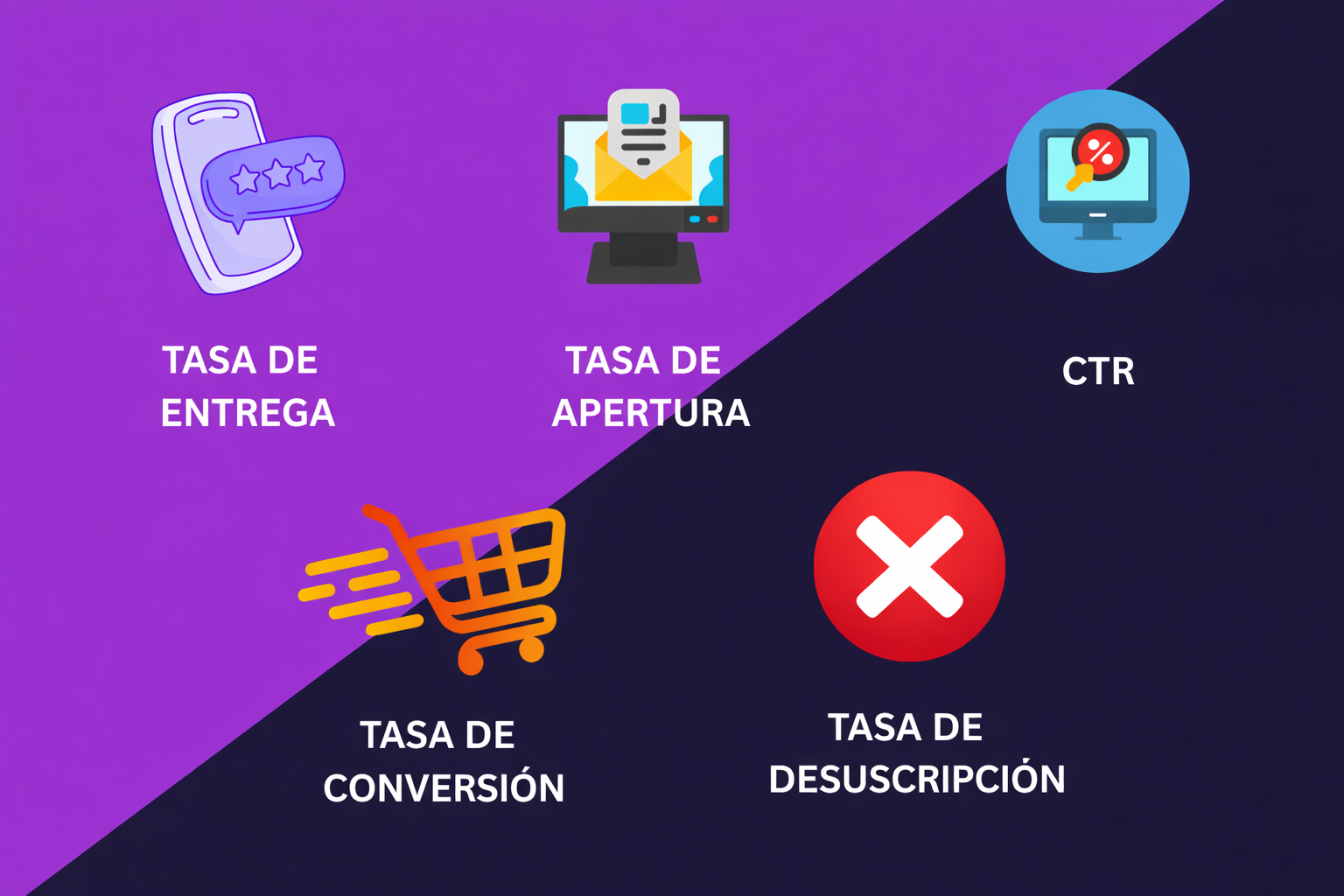 Una imagen que muestra los 5 KPIs principales de mensajería: tasa de entrega, tasa de apertura, CTR, tasa de conversión y tasa de cancelación de suscripción.