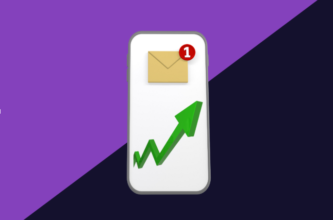 A phone with an SMS message element and a green growing arrow underneath. 
