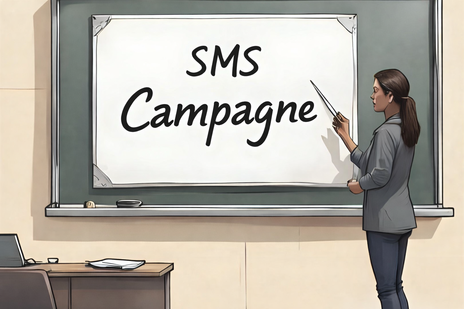 Een vrouw staat voor een tekenbord met daarop 'SMS-campagne' geschreven. Ze legt uit hoe je een SMS-campagne correct opzet.