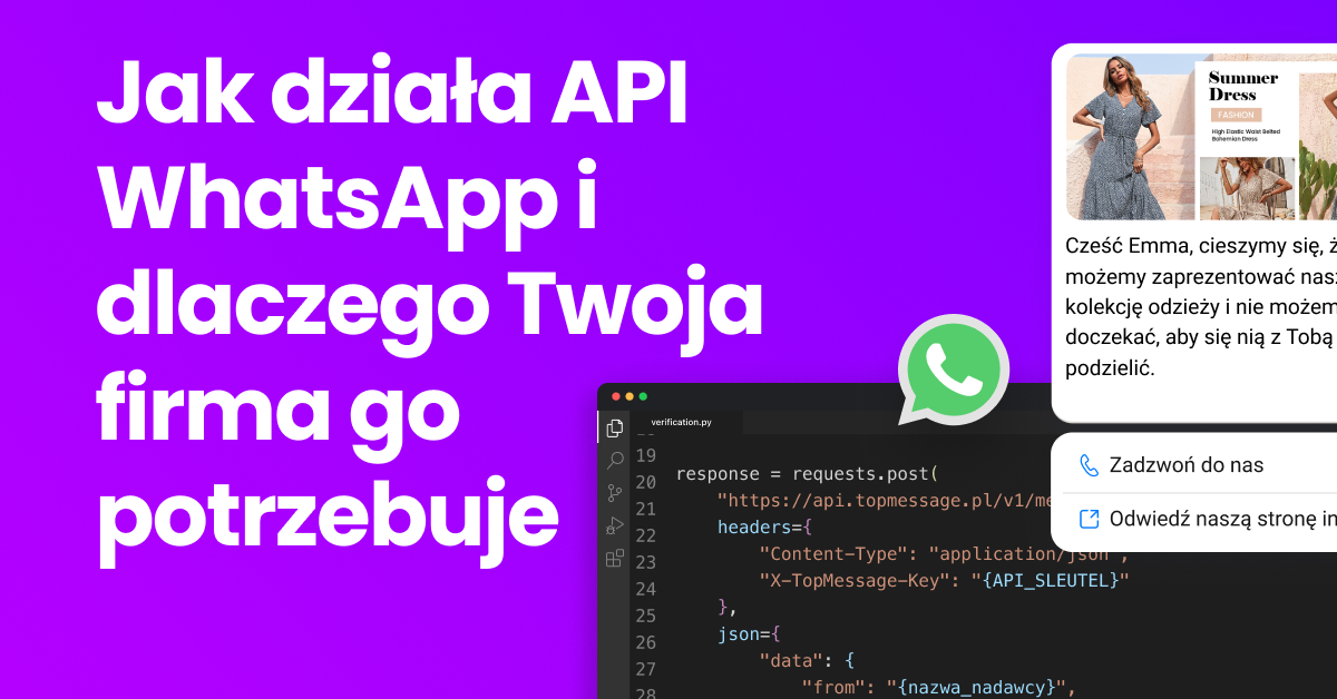 Wizualna reprezentacja integracji API WhatsApp dla firm, pokazująca element API i telefon z otwartą aplikacją WhatsApp