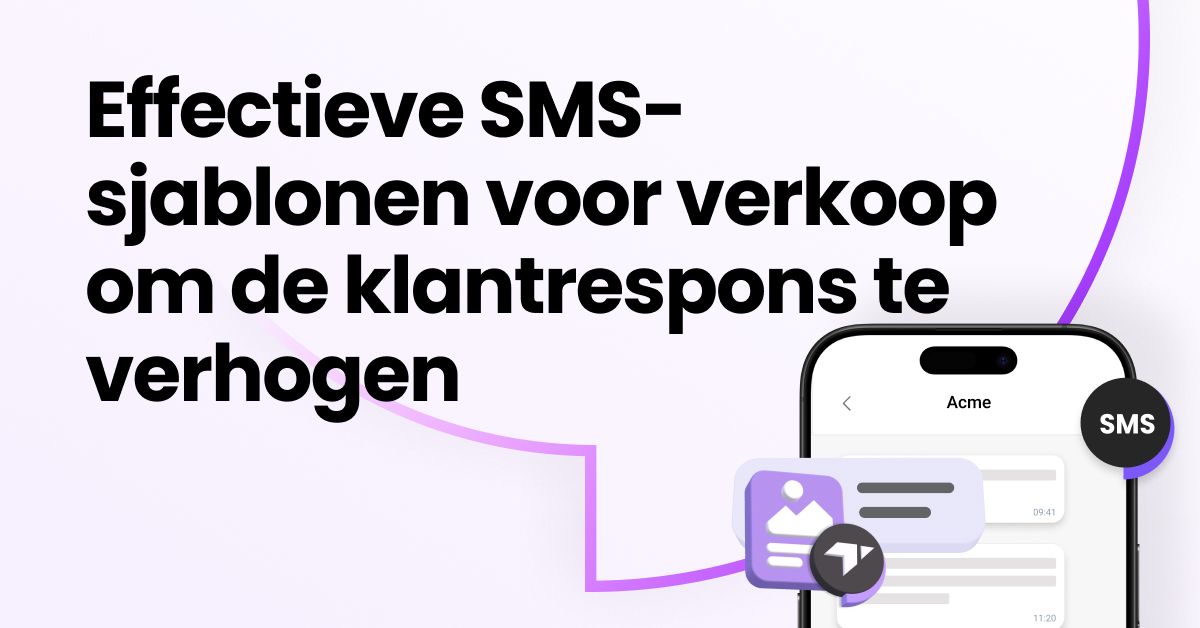 Afbeelding met vette tekst “Effectieve Sales SMS-sjablonen om Klantrespons te Verhogen” naast een smartphonescherm met een chatinterface met SMS-pictogrammen en een paars grafisch element.