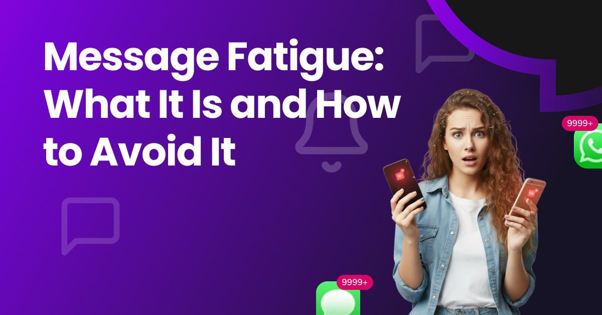 Stressed woman overwhelmed by message notifications on her phone, showing signs of digital overload and message fatigue.