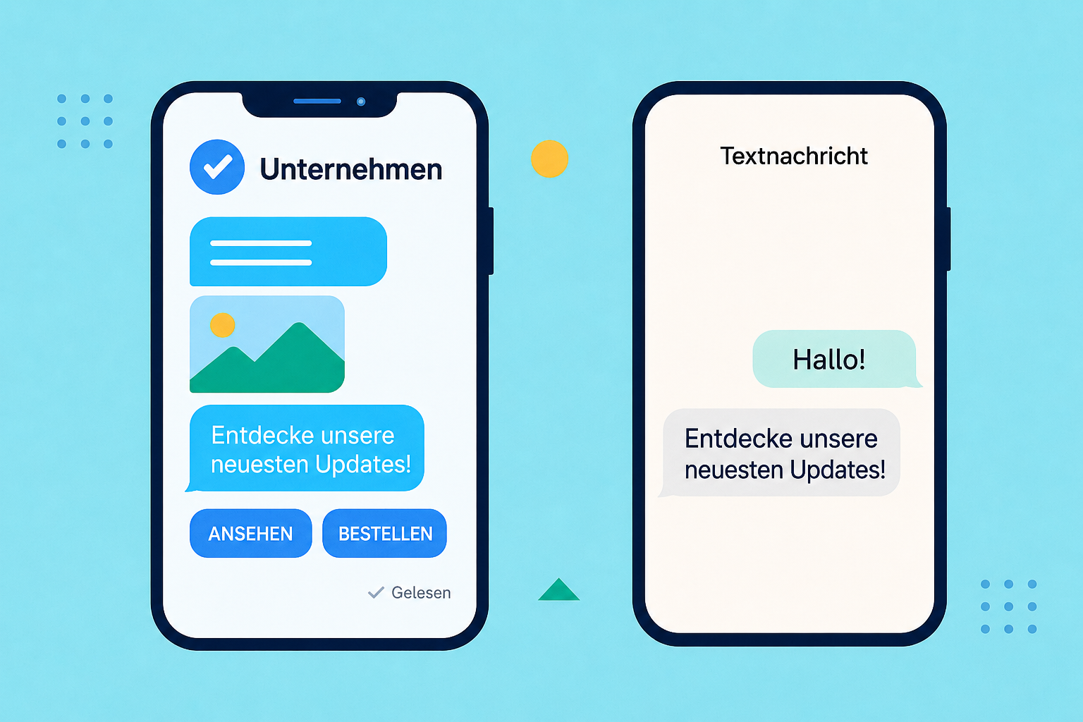 Zwei Smartphones zeigen einen Vergleich zwischen RCS und SMS mit einfachem Text, Symbolen und Bildern.