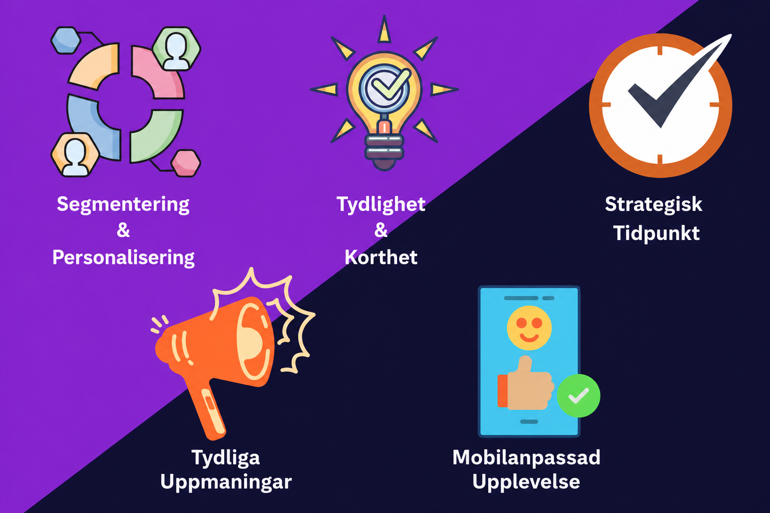 En visuell bild som visar 5 viktiga metoder för en framgångsrik SMS-kampanj: Segmentering och personalisering, tydlighet och korthet, strategisk timing, tydliga uppmaningar till handling och mobilvänlig upplevelse.