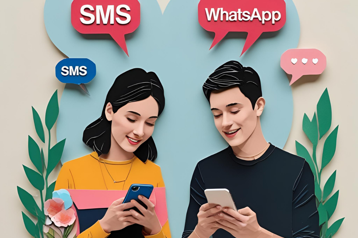 Een vrouw en een man die naar de sms-berichten op hun mobiele telefoons kijken.