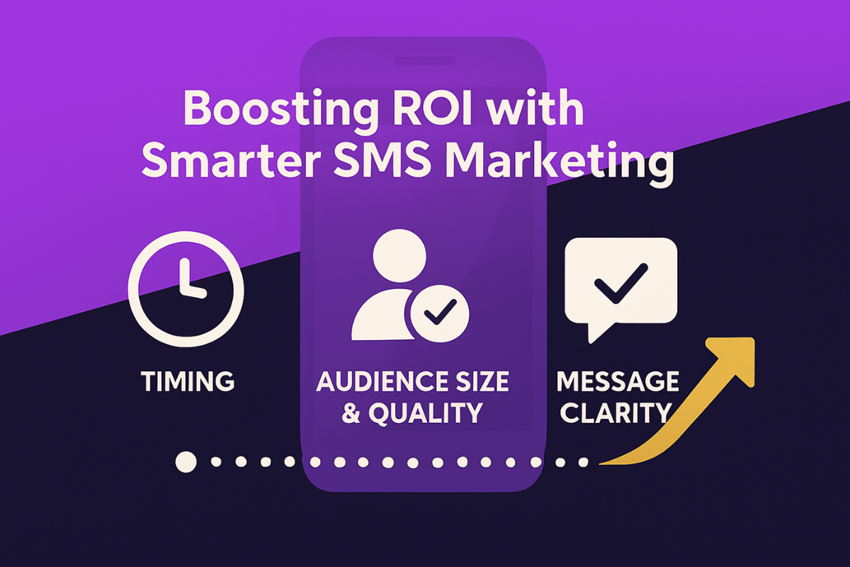 A visual showcasing timing, audience size & quality, and message clarity elements - all of which need to be paid attention for boosting ROI in SMS marketing.