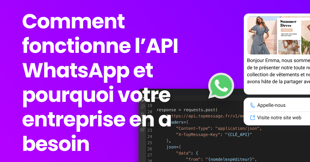 Représentation visuelle de l'intégration de l'API WhatsApp pour les entreprises montrant un élément d'API et un téléphone avec WhatsApp ouvert