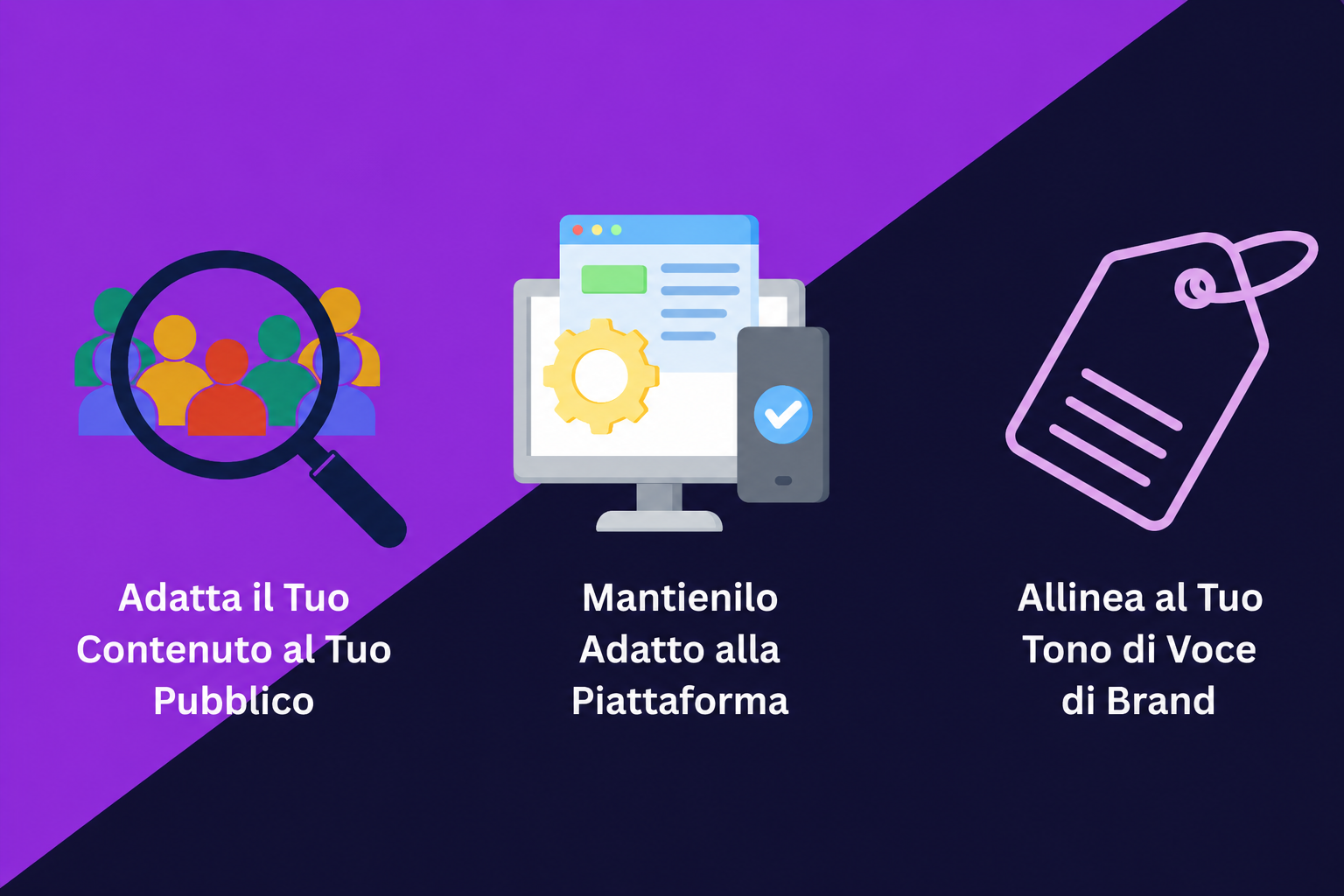 Un'immagine che mostra 3 consigli chiave su come usare le emoji nel marketing: adattarsi allo stile del pubblico, mantenerle appropriate alla piattaforma e allinearle al tono di voce del brand.