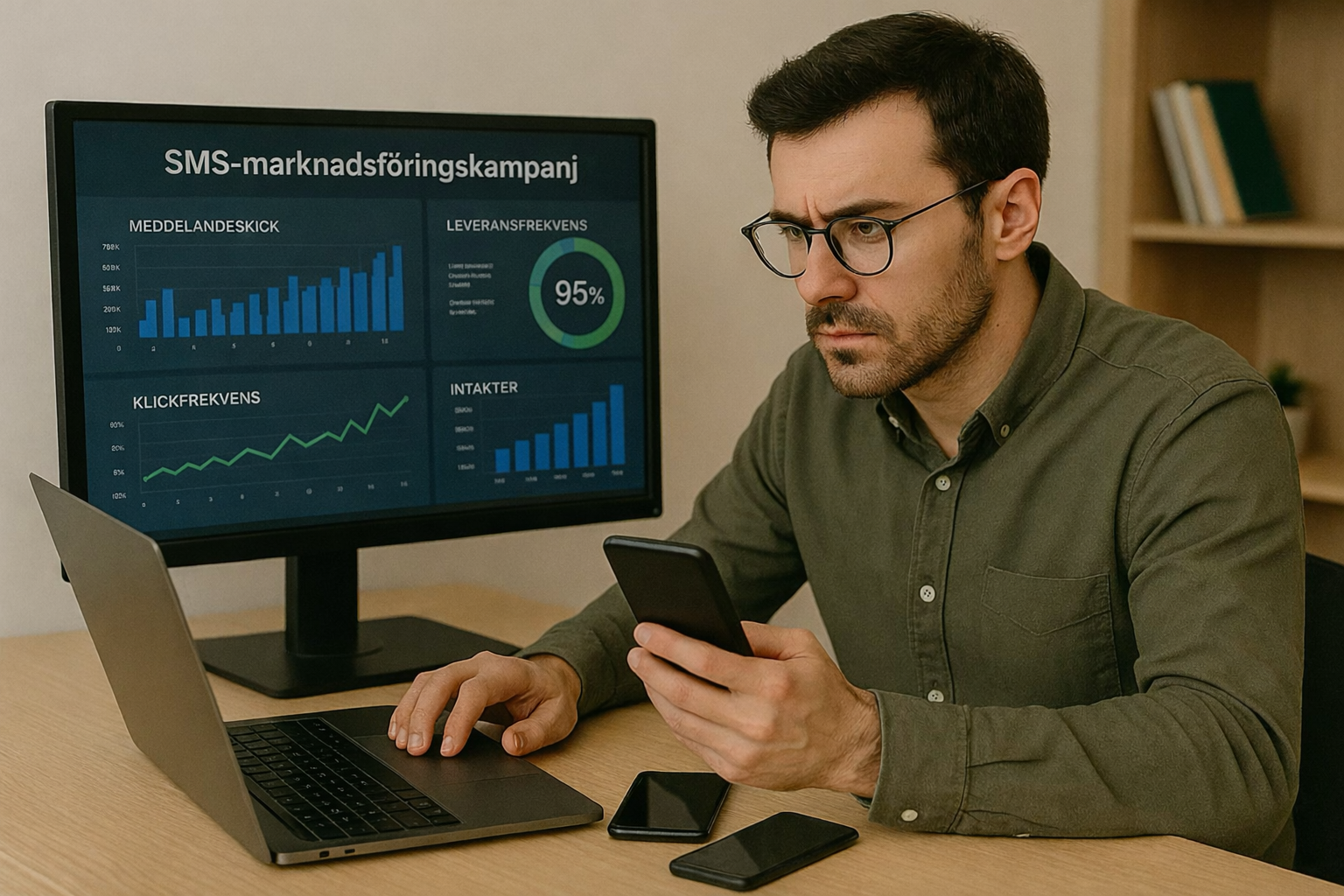 bild av en man omgiven av en dator, en bärbar dator och flera smartphones medan han analyserar SMS-marknadsföring för resultat från semesterkampanjer
