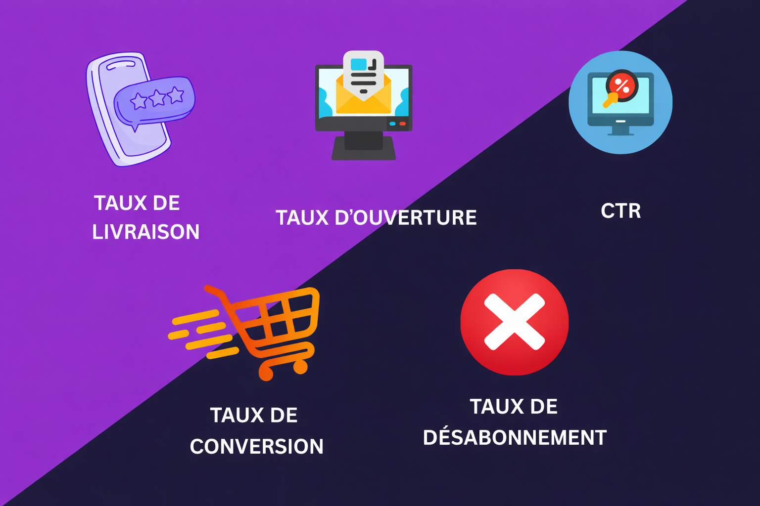 Un visuel présentant les 5 KPIs principaux pour la messagerie : taux de livraison, taux d’ouverture, CTR, taux de conversion et taux de désabonnement.