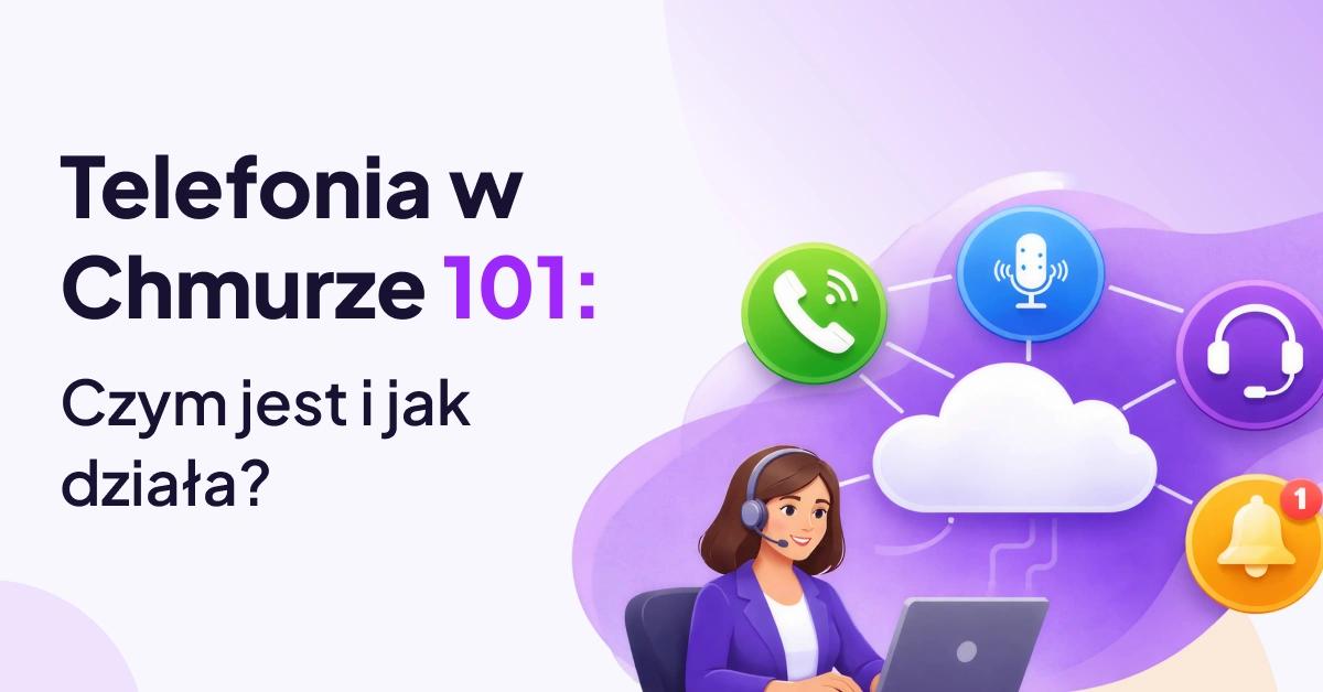Jak działa telefonia w chmurze, zilustrowano ikonami połączeń, dźwięku, zestawu słuchawkowego i powiadomień połączonych z centralną chmurą.