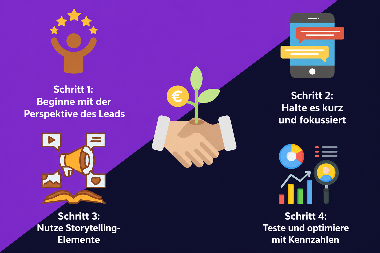 Eine Grafik, die zeigt, wie man Lead-Nurturing-Nachrichten in 4 Schritten verfasst: Ausgehend von der Perspektive des Leads; kurz und prägnant; mit Storytelling-Elementen; und mit Tests und Optimierungen anhand von Kennzahlen.